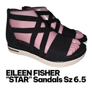 EILEEN FISHER STAR Sz 6.5 Black Criss Cross Stretchy Straps Zip Up Heels Sandals